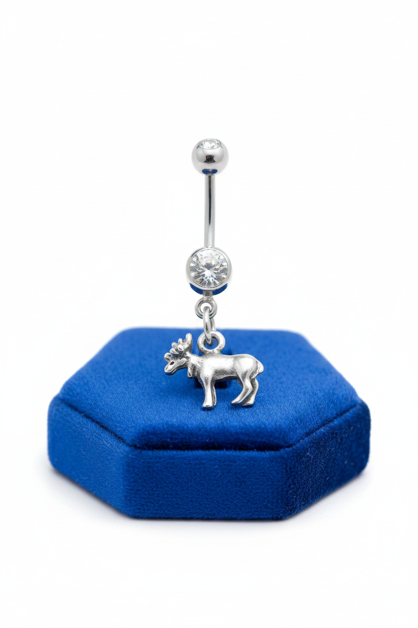 Clear Crystal Wild Moose Belly Button Ring in 316l stainless steel on a blue velvet jewelry display.