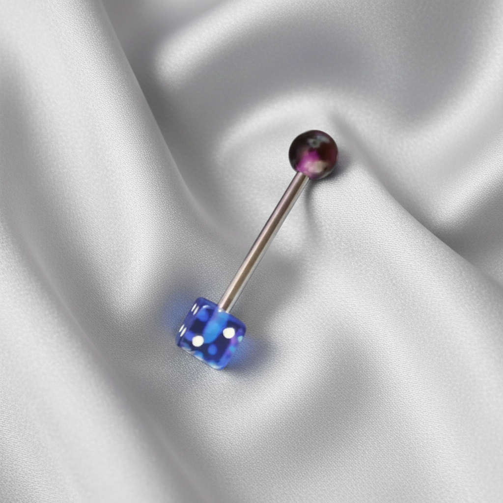 Blue Dice acrylic tongue barbell 316l stainless steel