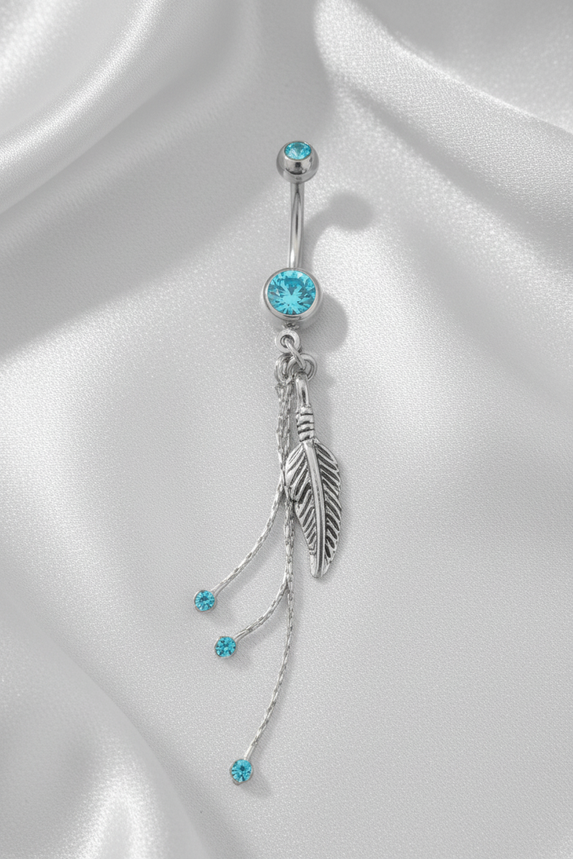 Aqua Crystal Feather Chain Belly Button Ring in 316l stainless steel.