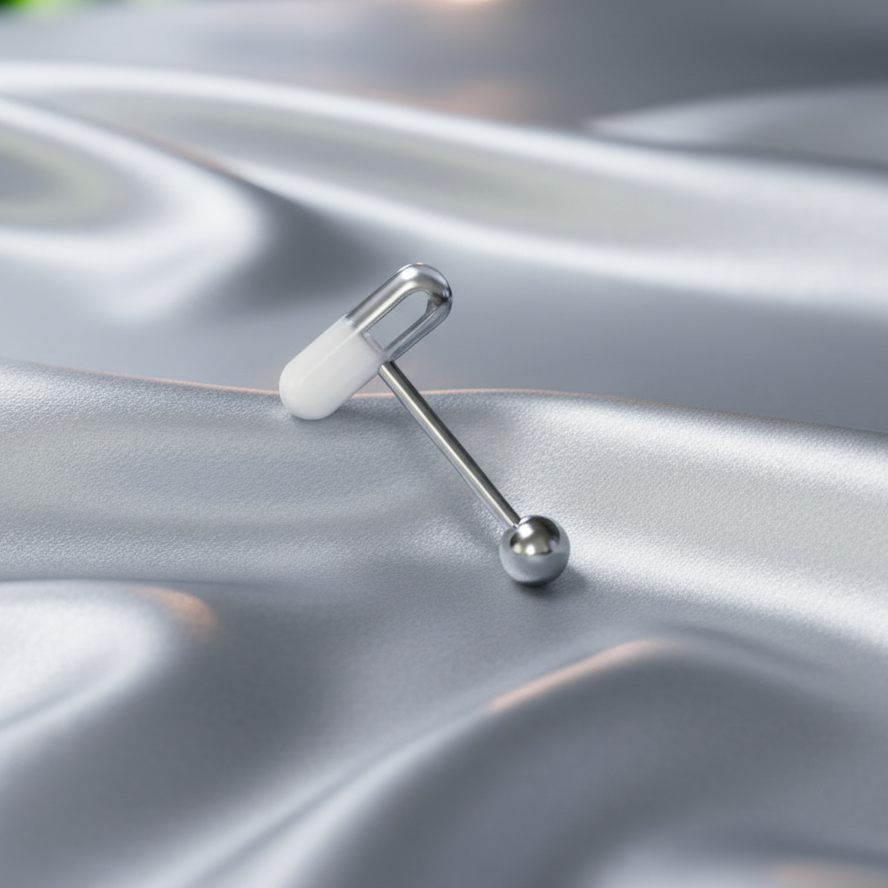 White Pill acrylic tongue barbell in 316l stainless steel