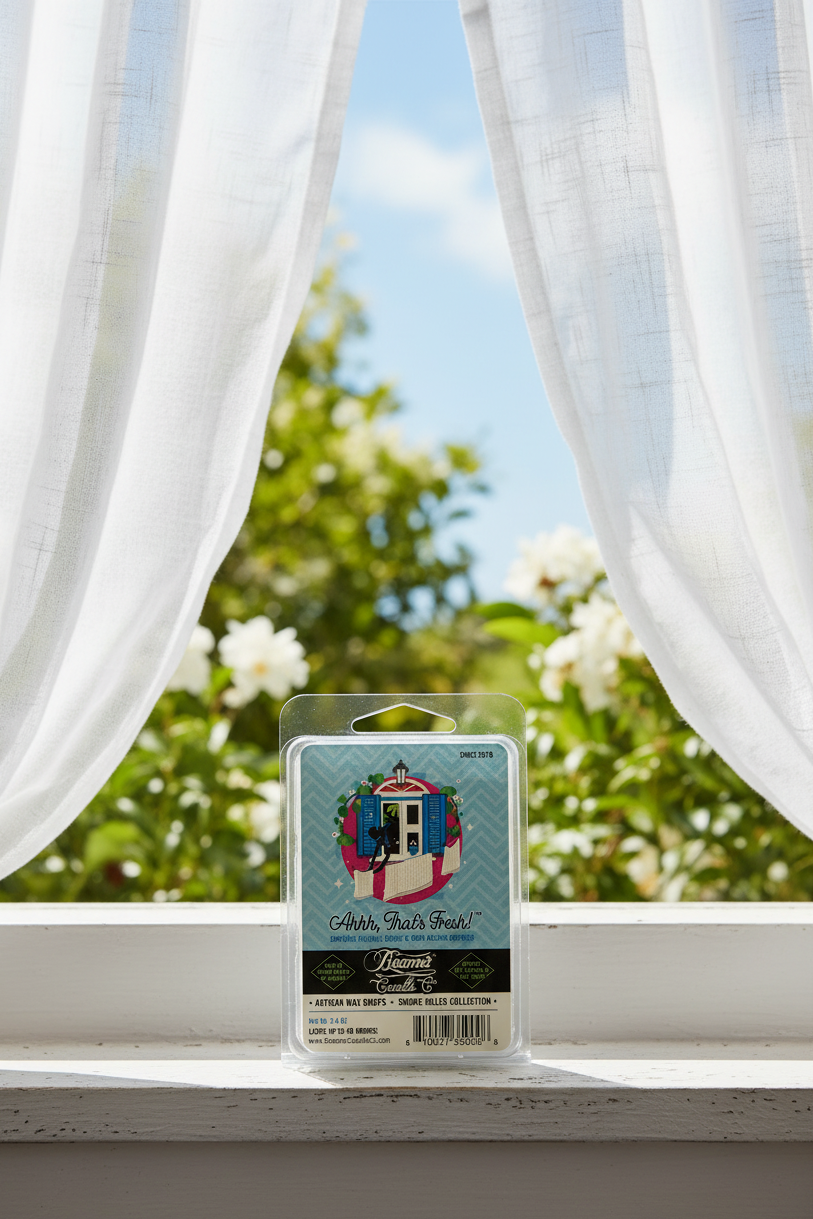 Beamer Smoke Eater "Ah That's Fresh" Scented Soy Wax Melt sitting on an open window sill on a beautiful day.
