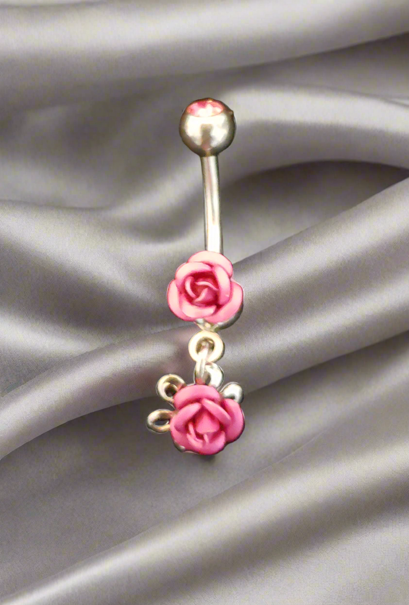 Belly Piercing Stainless Steel 316L with Dangling Pink Rose