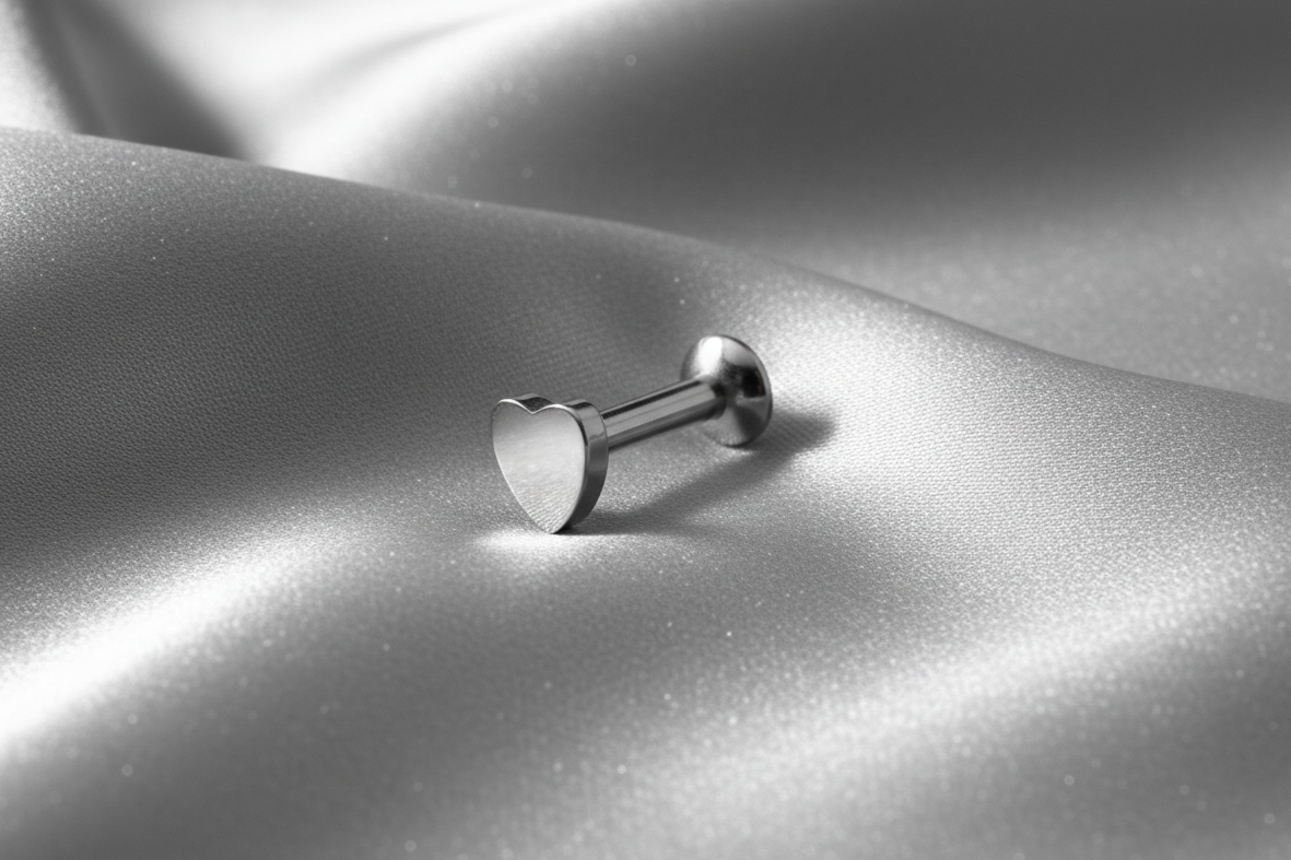 Internally Threaded Steel Heart Labret Lip Ring in 316l stainless steel.
