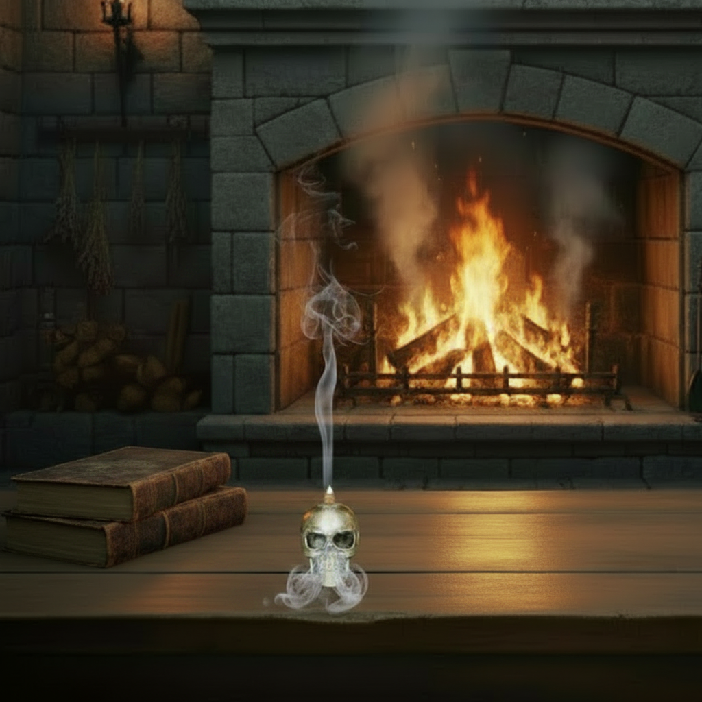 Mini Skull Head Back Flow Resin Incense Holder - Free Incense on a wooden table in front of a fireplace in a medieval castle setting with incense burning and smoke cascading downwards.