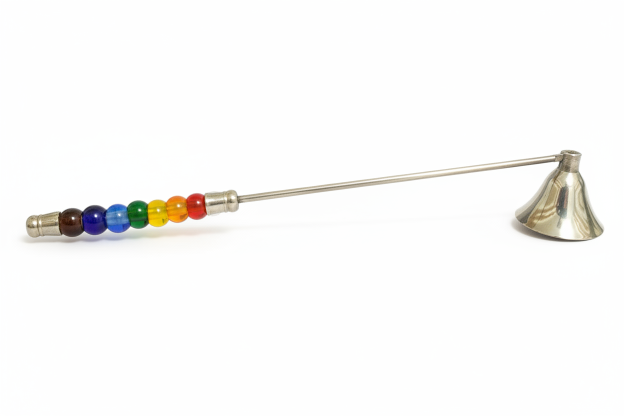 Chakra Colors Lamp Work Glass Beaded Silver Plated Candle Snuffer on a white background.
