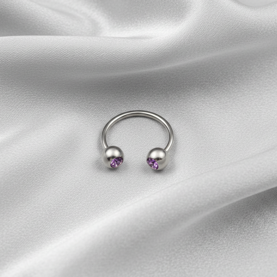 Purple Crystal Steel Horseshoe Curved Barbell in 316l stainless steel.