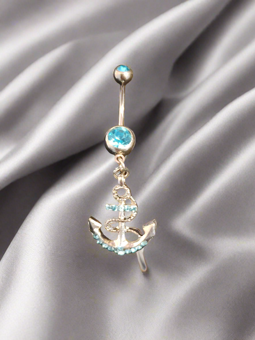 Belly Piercing Stainless Steel 316L Aqua with Dangling Anchor