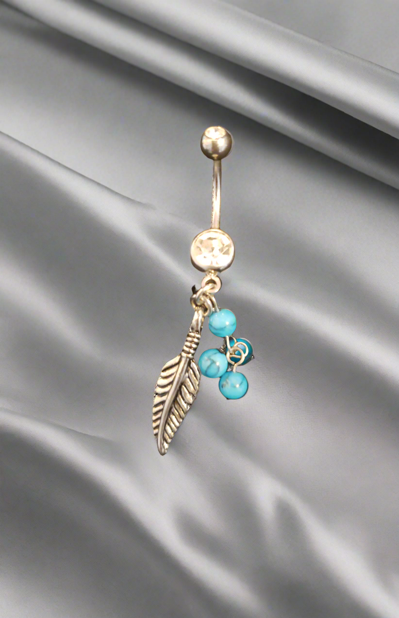 Belly Piercing Stainless Steel 316L with Turquoise & Dangling Feather