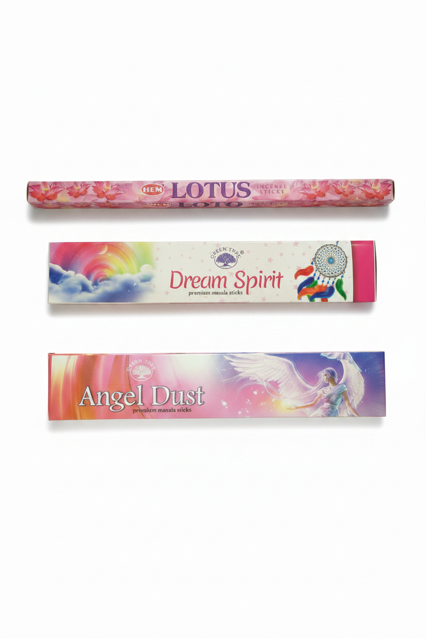 Green Tree Angel Dust and Dream Spirit with Hem Lotus on a white background. Free with purchase of Fairy with Roses Resin Incense Holder.