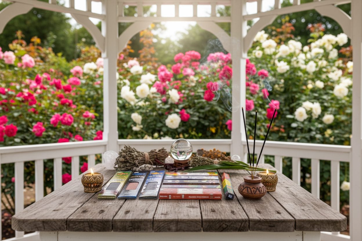 Midnight Ritual Incense Variety Gift Package on a wooden table in a rose garden gazebo with incense burning and smoke rising.