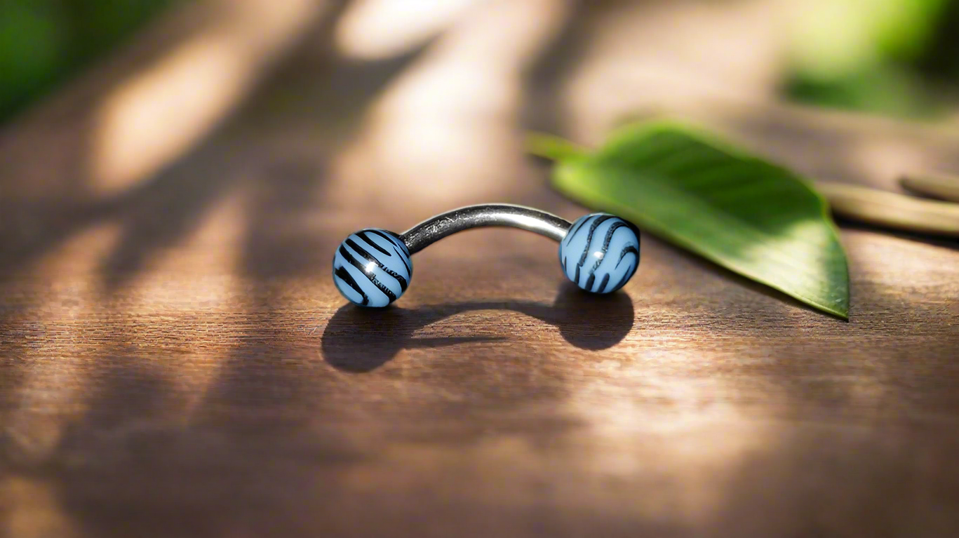 Steel Eye Brow Piercing Blue & Black Tiger Striped