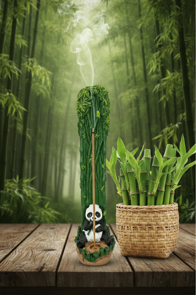 Panda Bear Resin Incense Holder on a wooden table in a bamboo forest with incense burning and smoke rising.