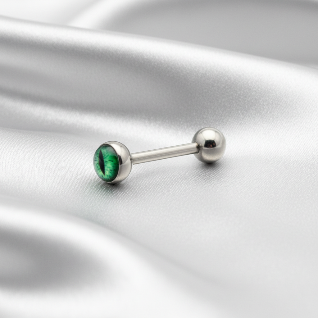 Green Snake Eye tongue barbell in 316l stainless steel