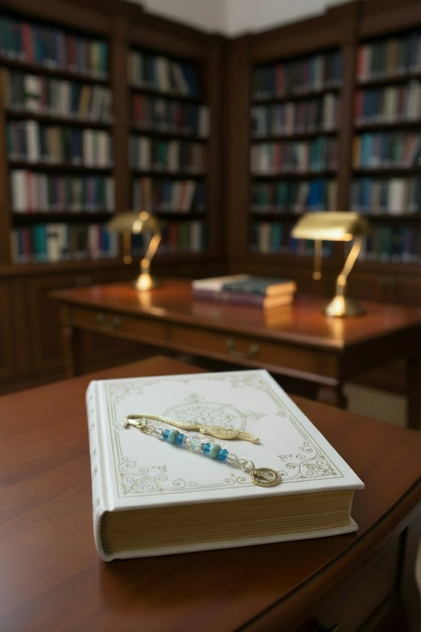 Rope Anchor Handmade Beaded Mermaid Pewter Bookmark - One of a Kind shown with books in a library setting.