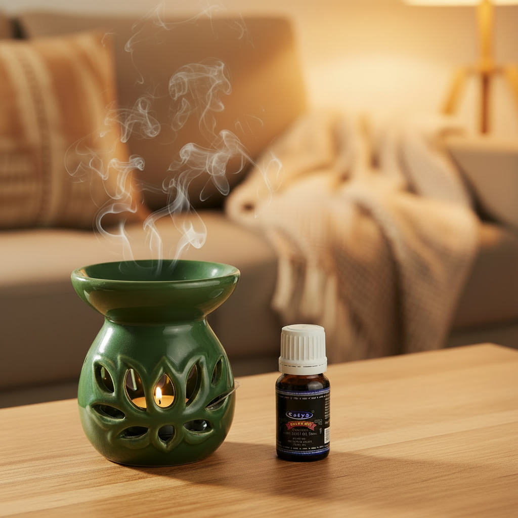 Green Lotus Ceramic Tea light Essential Oil Warmer burning on the coffee table in a cozy living room with smoke rising shown with free Satya Superhit essential oil.