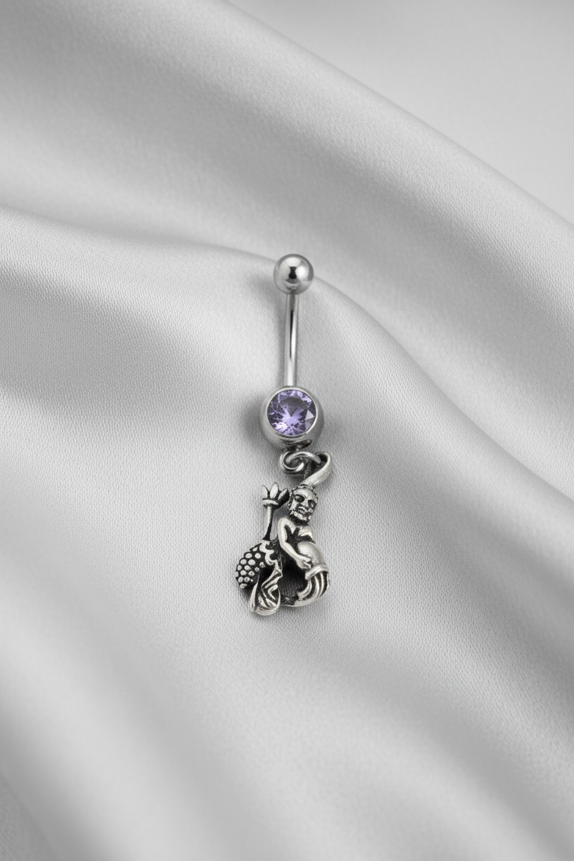 Purple Crystal Aquarius Belly Button Ring in 316l stainless steel.