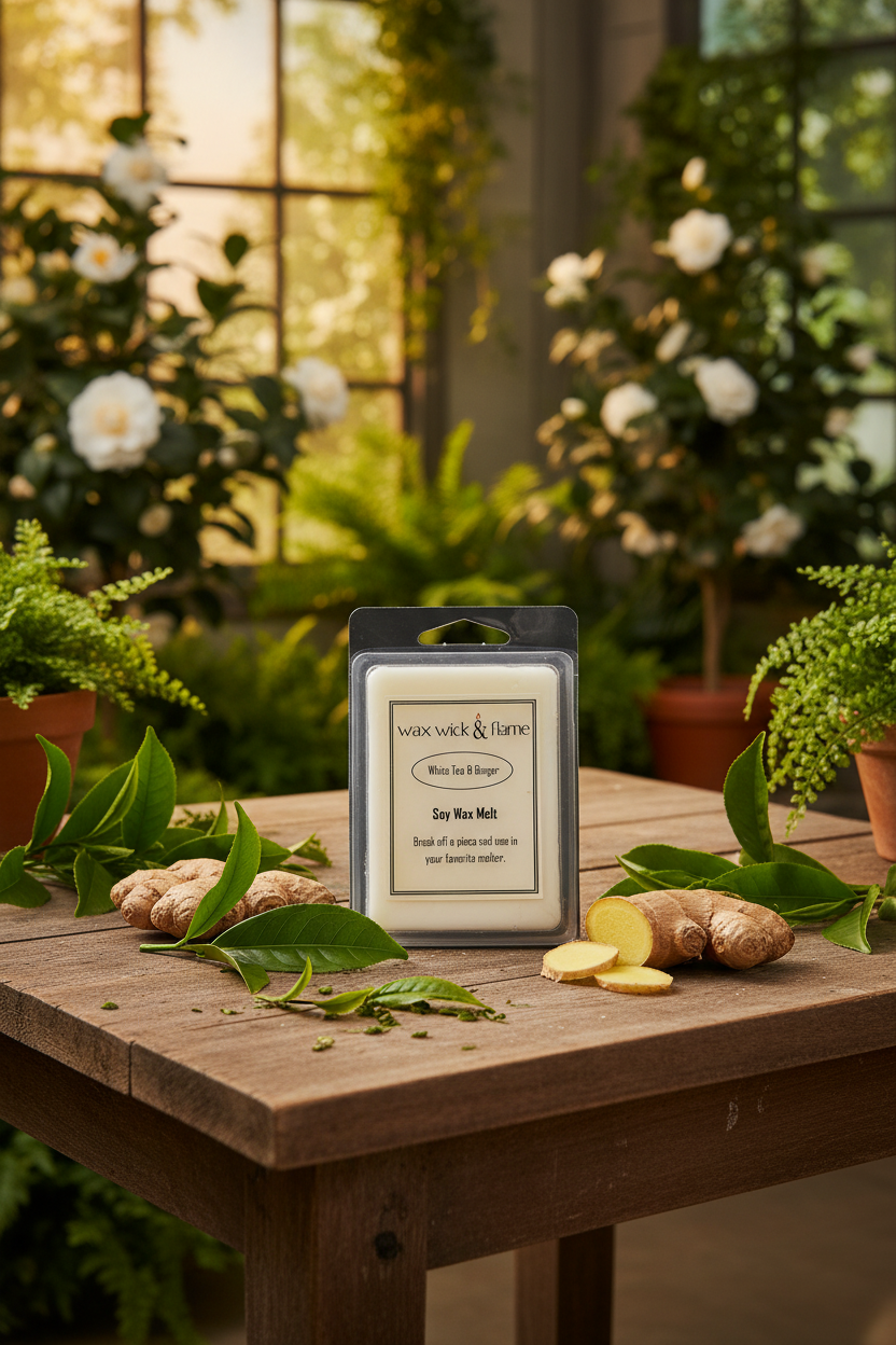 White Tea and Ginger Organic Soy Scented Wax Melts on a wooden table in a ginger - tea leaf garden.