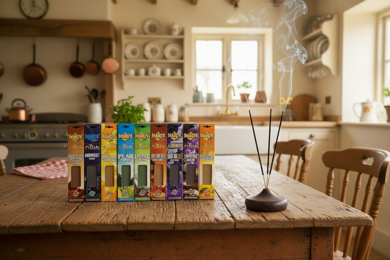 Juicy Jay's Incense Variety Gift Package on a kitchen table in a country cottage with incense burning and smoke rising.