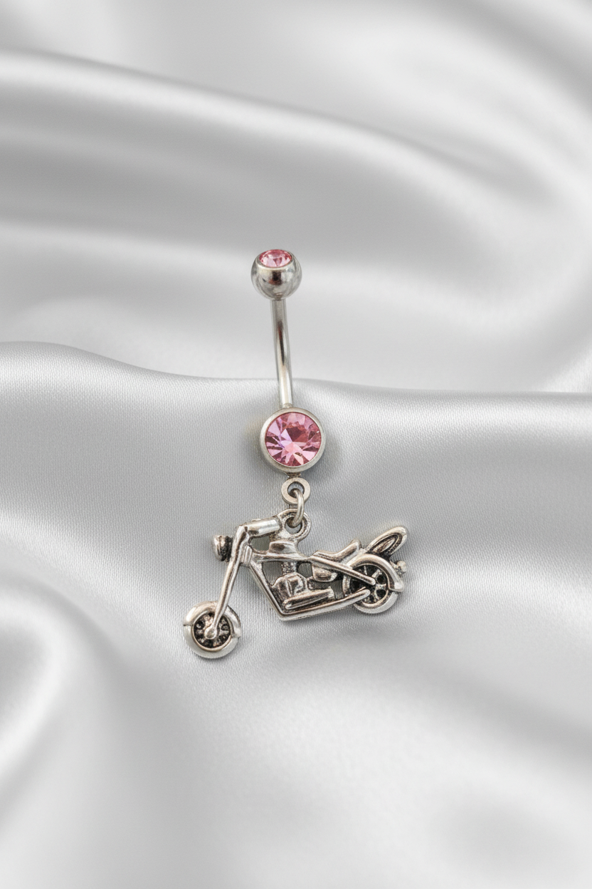 Pink Crystal Motorcycle Belly Button Ring in 316l stainless steel.
