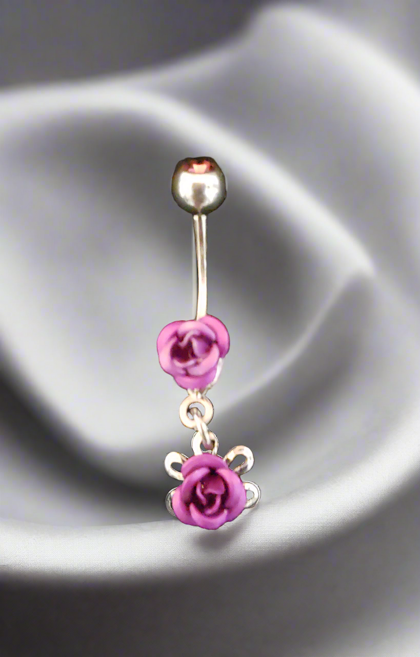 Belly Piercing Stainless Steel 316L with Dangling Purple Rose