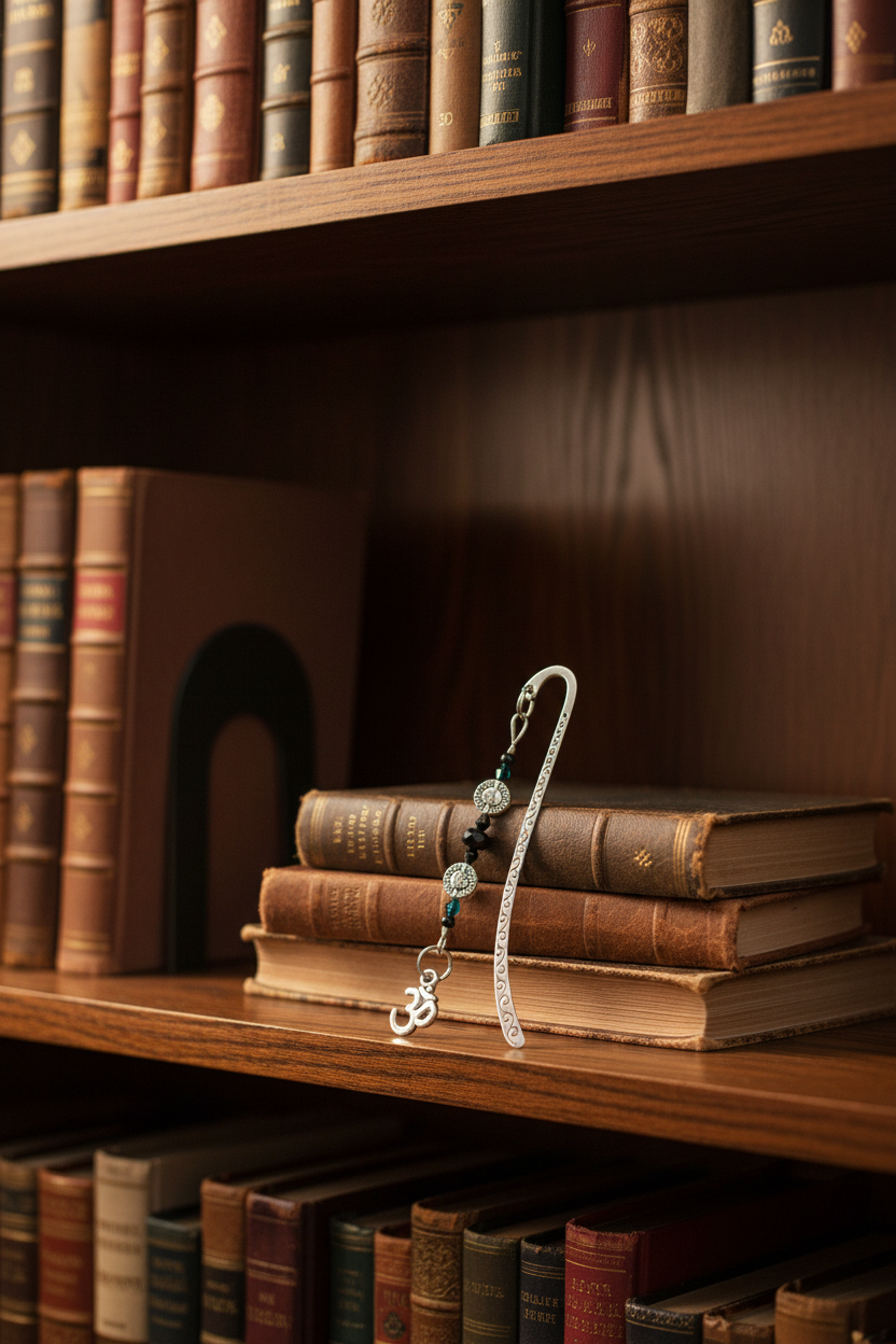 AUM Symbol Handmade Beaded Pewter Bookmark - One of a Kind shown with books in a library setting.