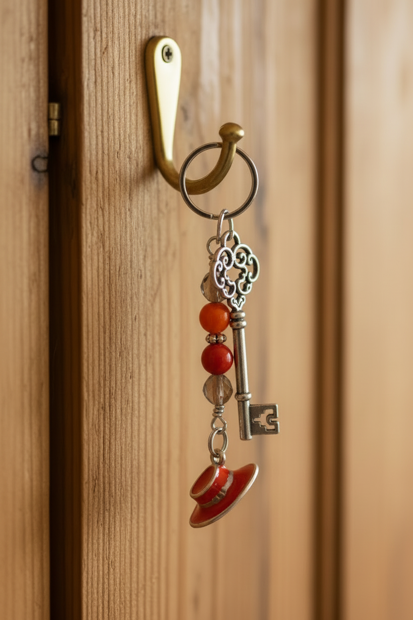 Red Enamel Hat Handmade Beaded Mini Keychain holding a silver skeleton key placed on a hook on a wooden door.