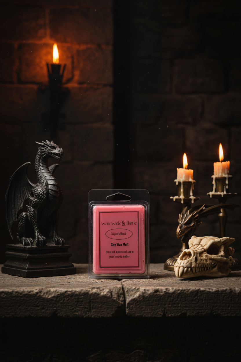 Dragon's Blood Organic Soy Scented Wax Melt in a medieval castle setting with dragon decor.