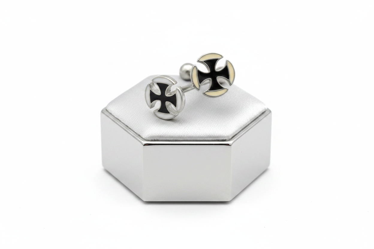 Maltese Cross Belly Button Ring & Tongue Barbell Set in 316l stainless steel on a silver jewelry display close up detail.