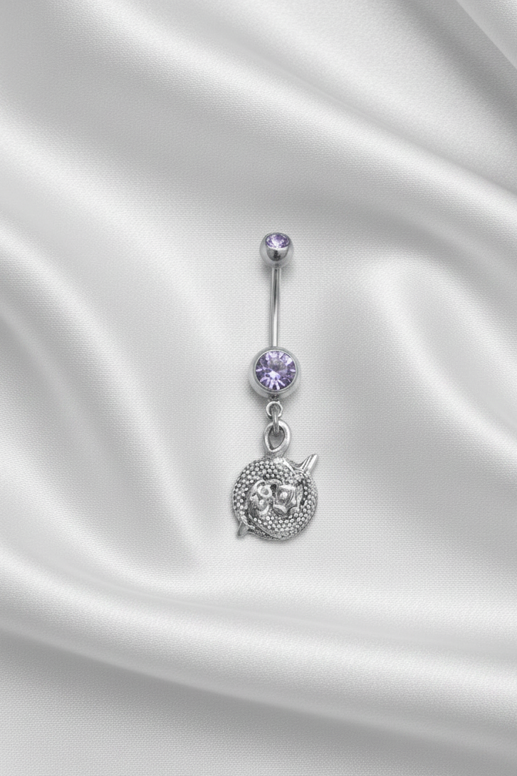 Purple Crystal Pisces Belly Button Ring in 316l stainless steel.