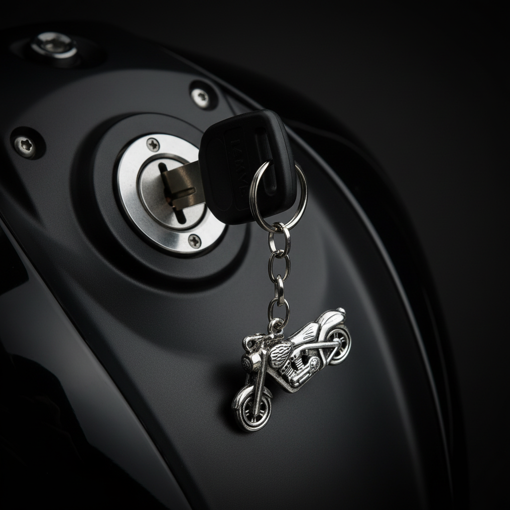 Motorcycle Handmade 316L Stainless Steel Charm Keychain on a bike key placed in the ignition of a black motorcycle.