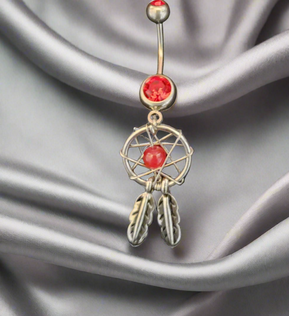 Belly Piercing Stainless Steel 316L with Red Dangling Dream Catcher