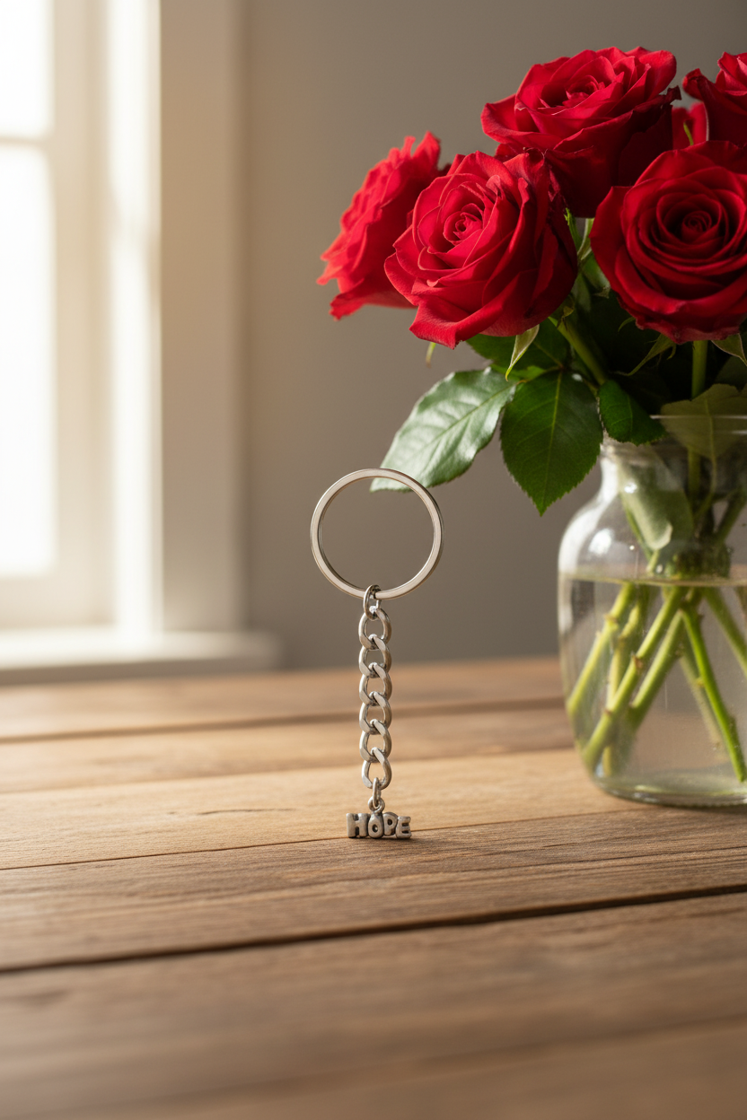 "Hope" Handmade Pewter Charm Keychain on a wooden table next to a vase of red roses.