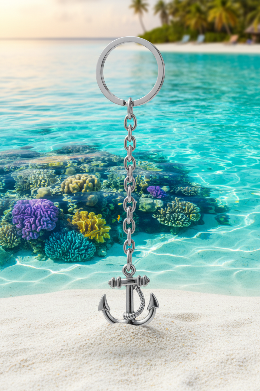 Anchor Handmade Silver Plated Charm Keychain in a tropical ocean setting.