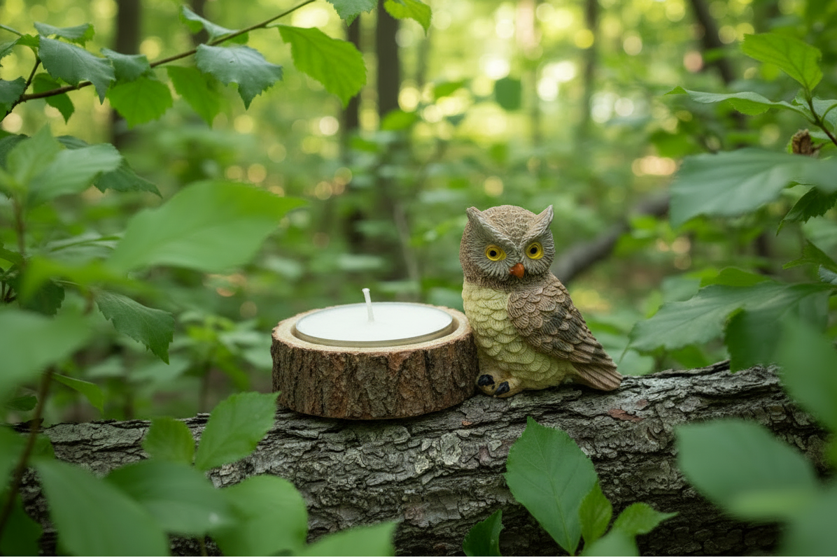 Brown Owl Wooden Stump Resin Tea Light Candle Holder on the branch of a leafy tree in a natural forest.