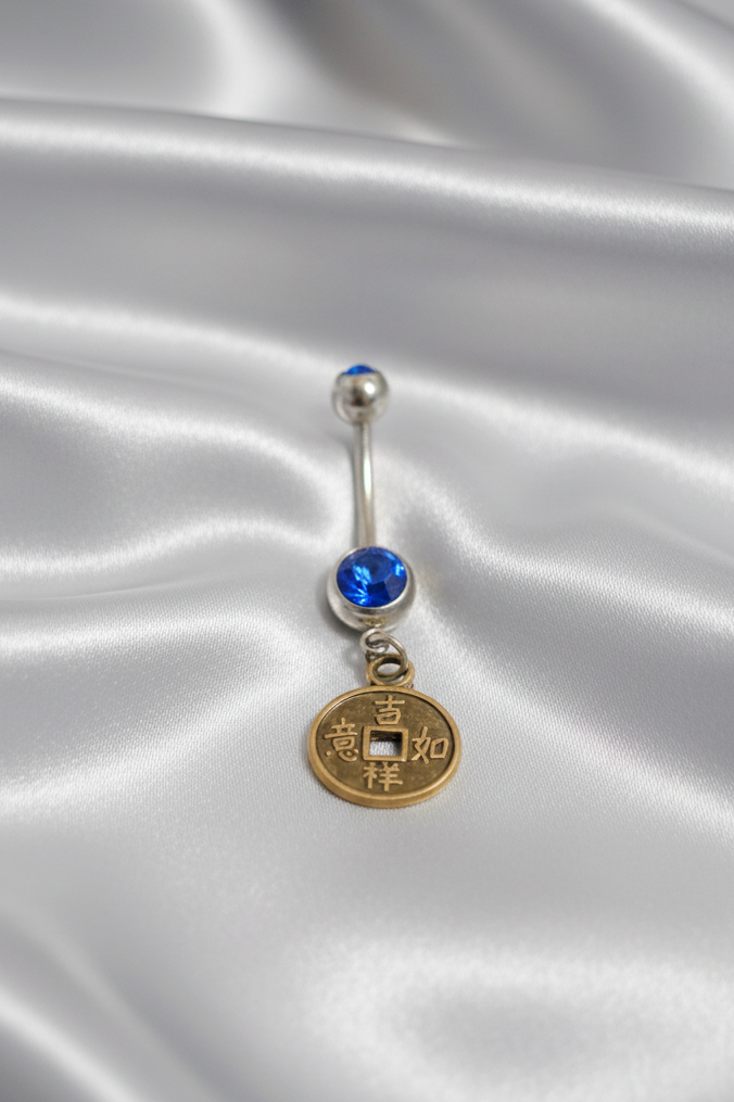 Blue Crystal Bronze I-Ching Belly Button Ring in 316l stainless steel.