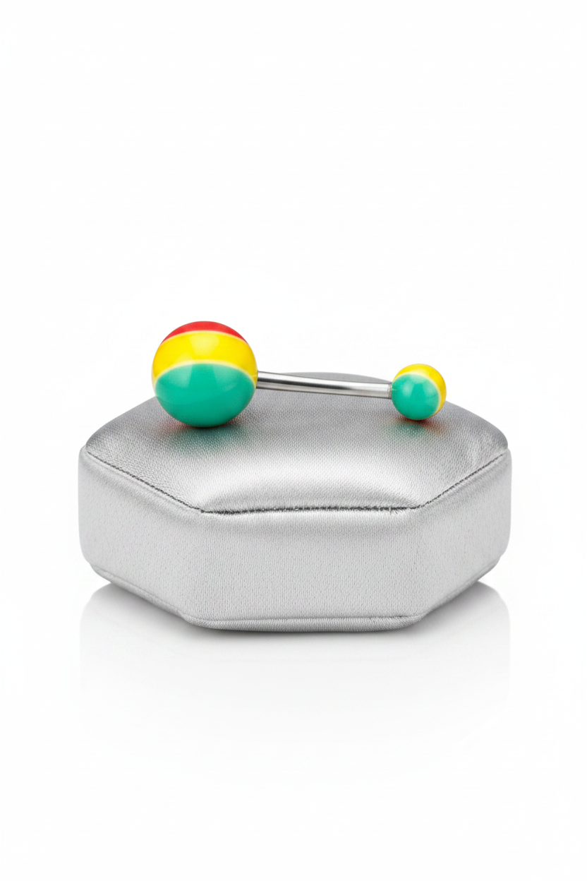 Rastafarian Striped Acrylic Belly Button Ring in 316l stainless steel on a silver jewelry display side profile view.