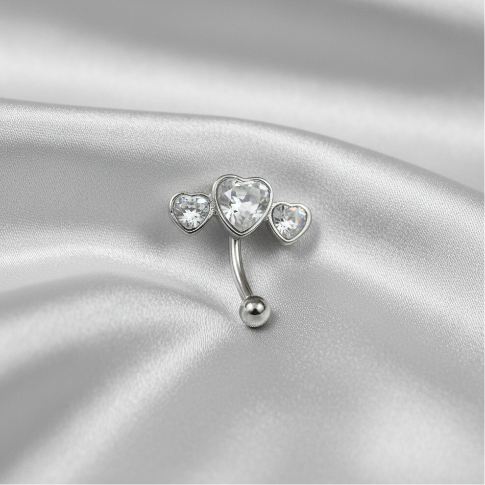 Clear Crystal Triple Heart Eyebrow Ring in 316l stainless steel.