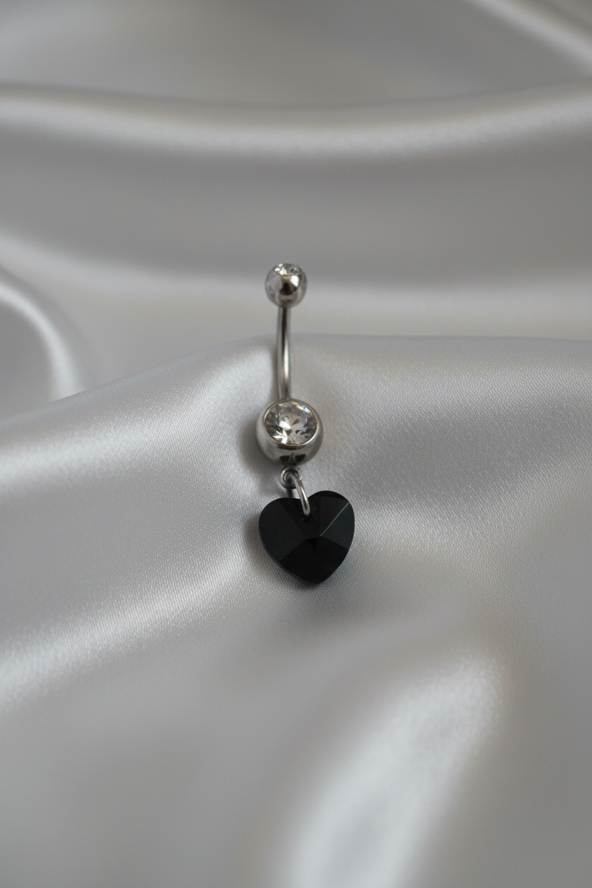 Black Crystal Heart Belly Button Ring in 316l stainless steel.