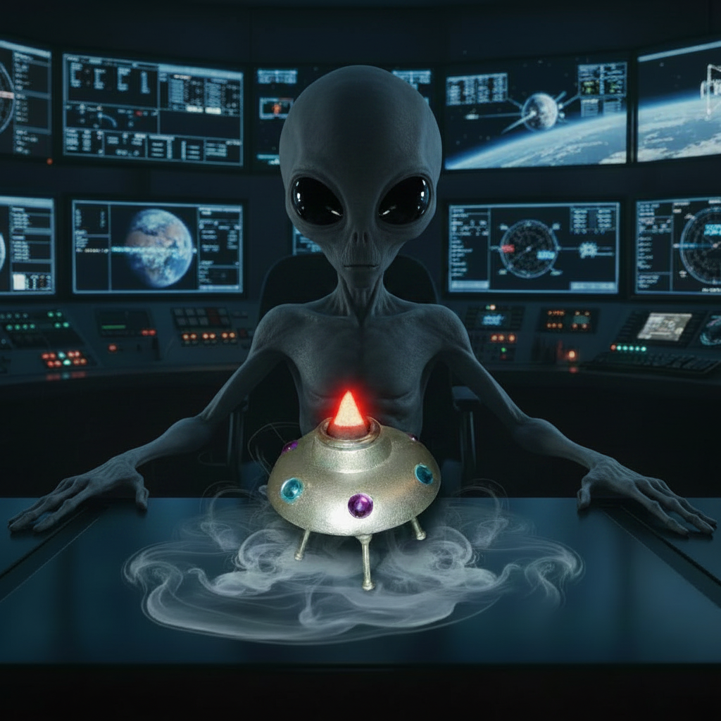 Mini Alien Ship Back Flow Incense Burner in a NASA setting with an alien visitor, incense burning and smoke flowing downwards like exhaust.