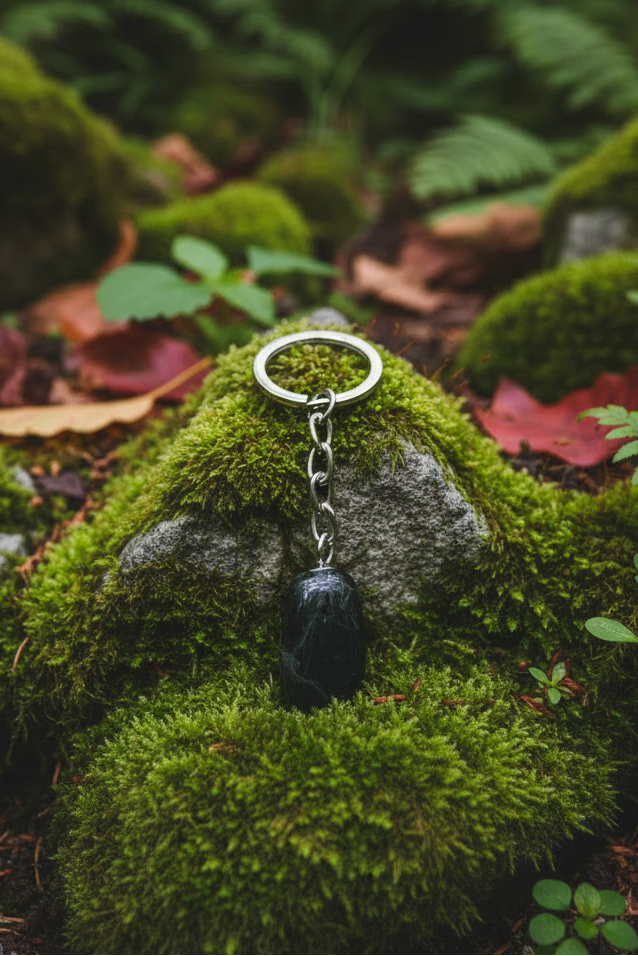 Black Agate Natural Earth Stone Handmade Steel Plated Keychain placed on a mossy stone in the forest surrounded by colorful leaves and green foliage in a natural earth setting.