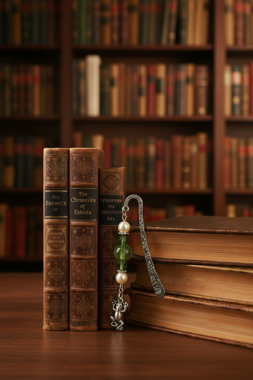 Pond Frog Handmade Beaded Silver Plated Bookmark - One of a Kind shown with books in a library setting.