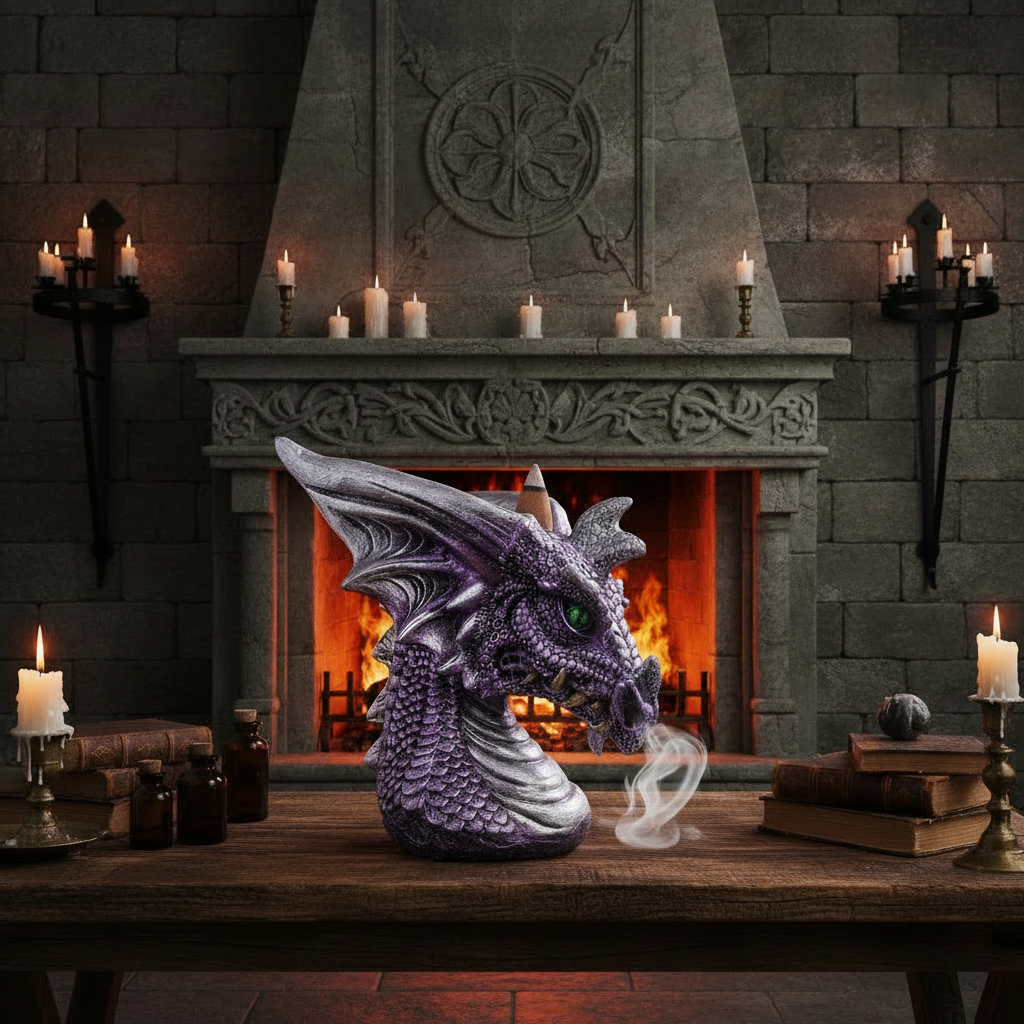 Medieval Purple Dragon Back Flow Resin Incense Burner - Free Incense on a wooden table in front of a fireplace in a medieval castle setting with incense burning and smoke cascading downwards.