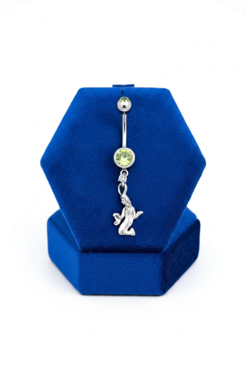 Peridot Green Crystal Virgo Belly Button Ring in 316l stainless steel. on a blue velvet jewelry display.