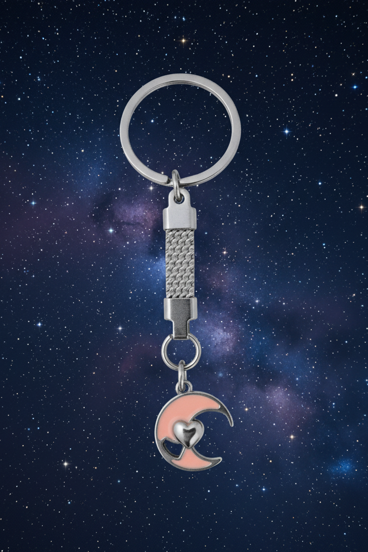 Pink Enamel Moon with Heart Handmade Steel Plated Keychain with a starry cosmic sky background.