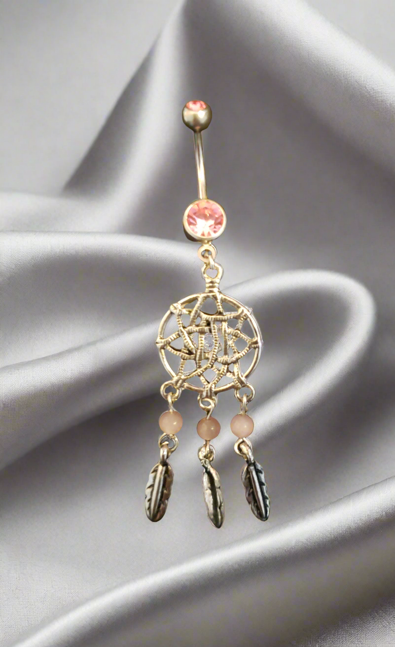 Belly Piercing Stainless Steel 316L with Dangling Lg Pink Dream Catcher
