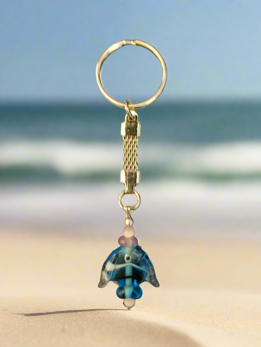 Handmade Keychain with Glass Aqua Fish Charm