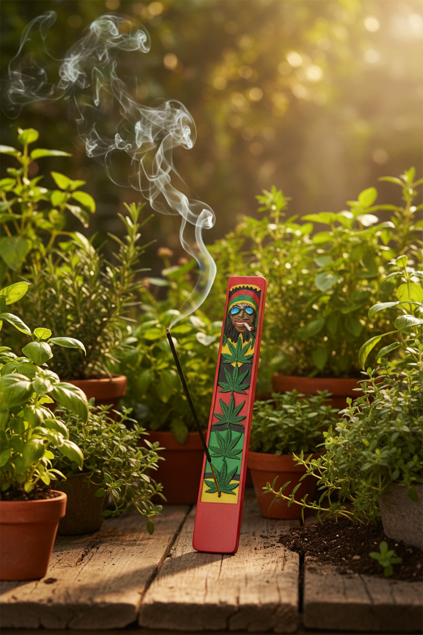 Rastafarian Resin Incense Holder - Free Incense on a wooden table in an herb garden with incense burning and smoke rising.