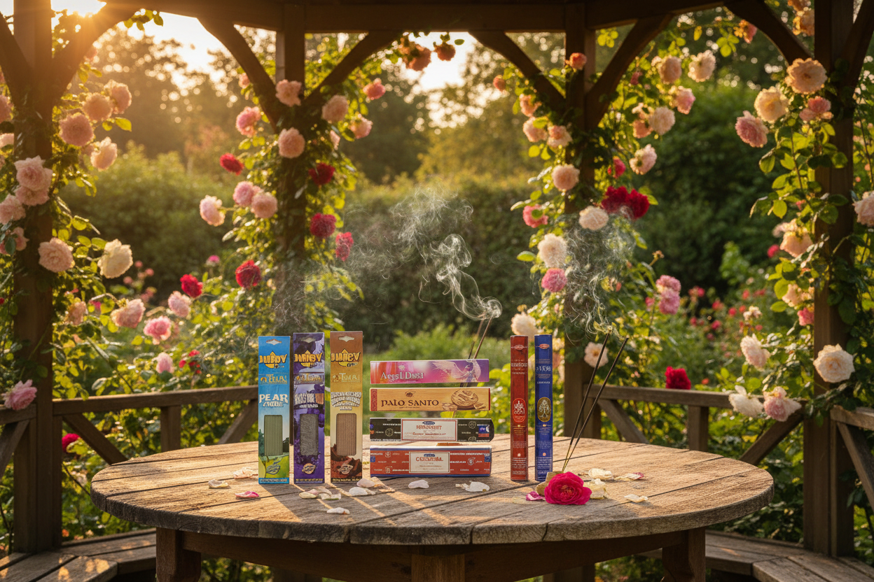 Midnight Snacks and Sacred Space Incense Variety Gift Package on a wooden table in a rose garden gazebo with incense burning and smoke rising.