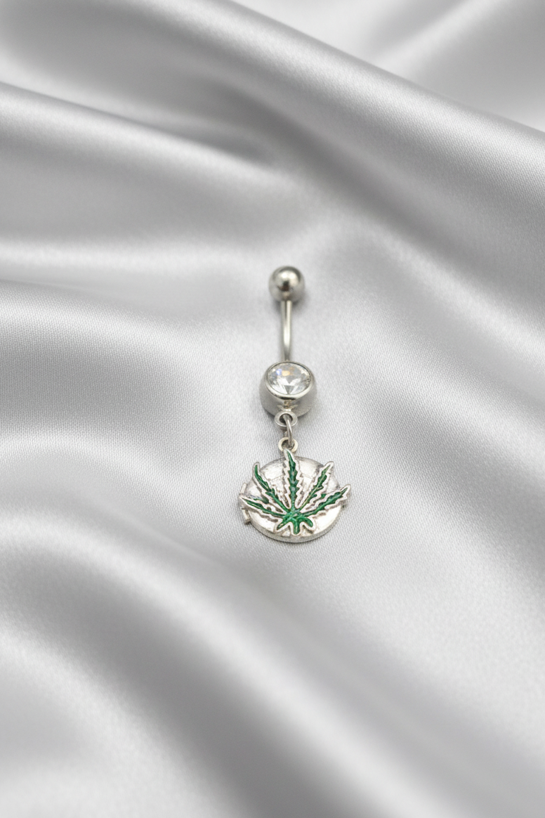 Clear Crystal Green Leaf Locket Belly Button Ring in 316l stainless steel.