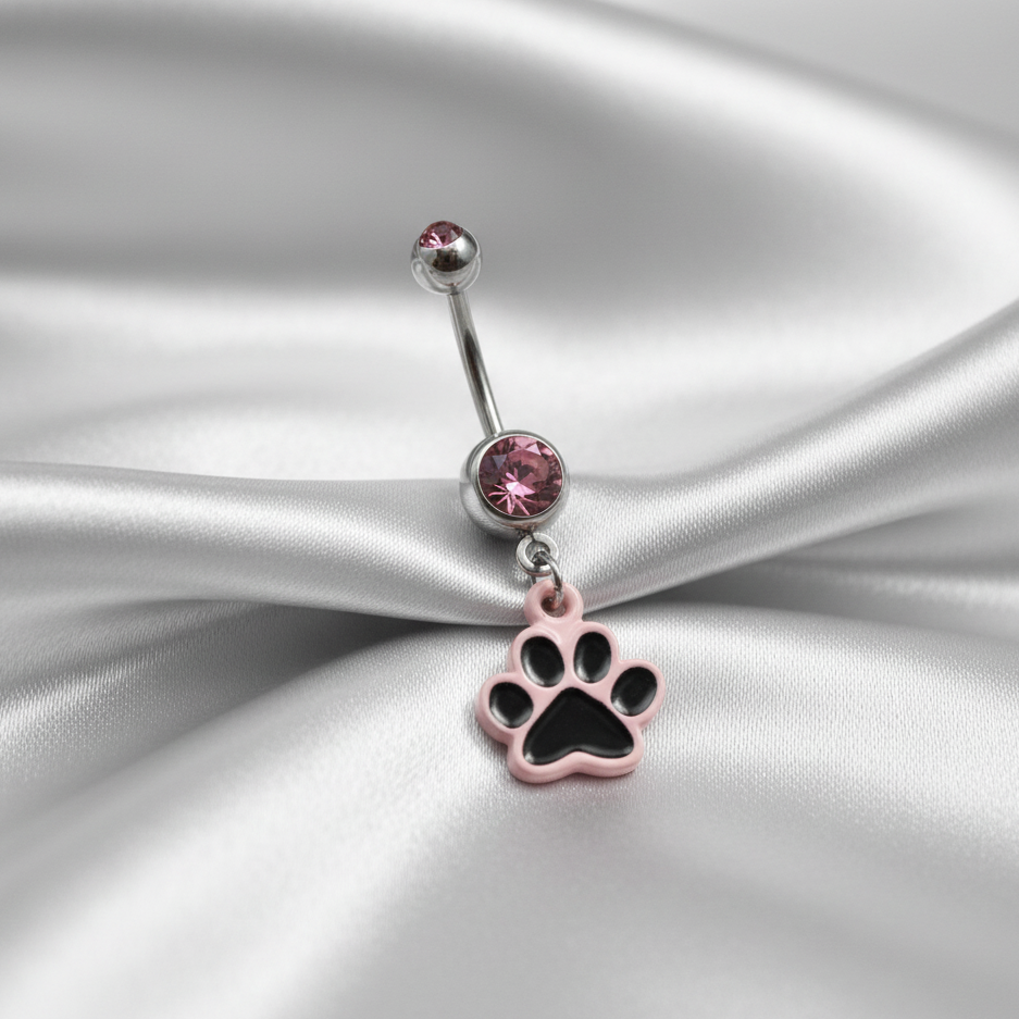 Pink Crystal Puppy Paw Belly Button Ring in 316l stainless steel.